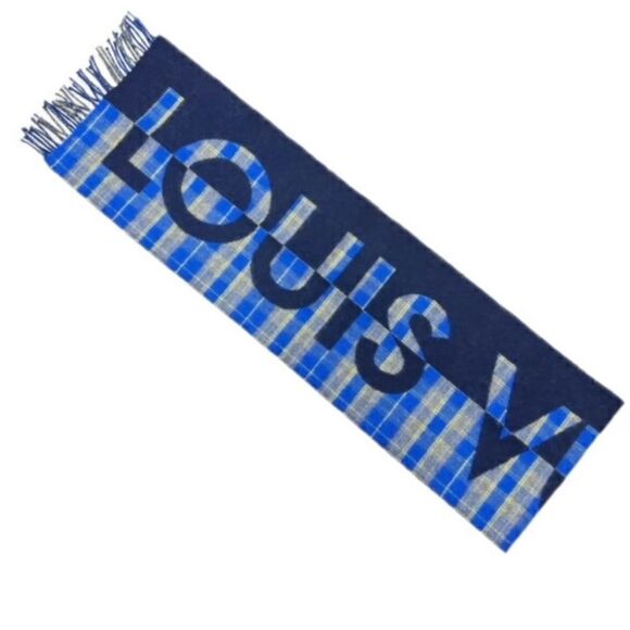 Auth Louis Vuitton Logo Plaid Blues Wool Cashmere scarf - Picture 6 of 10